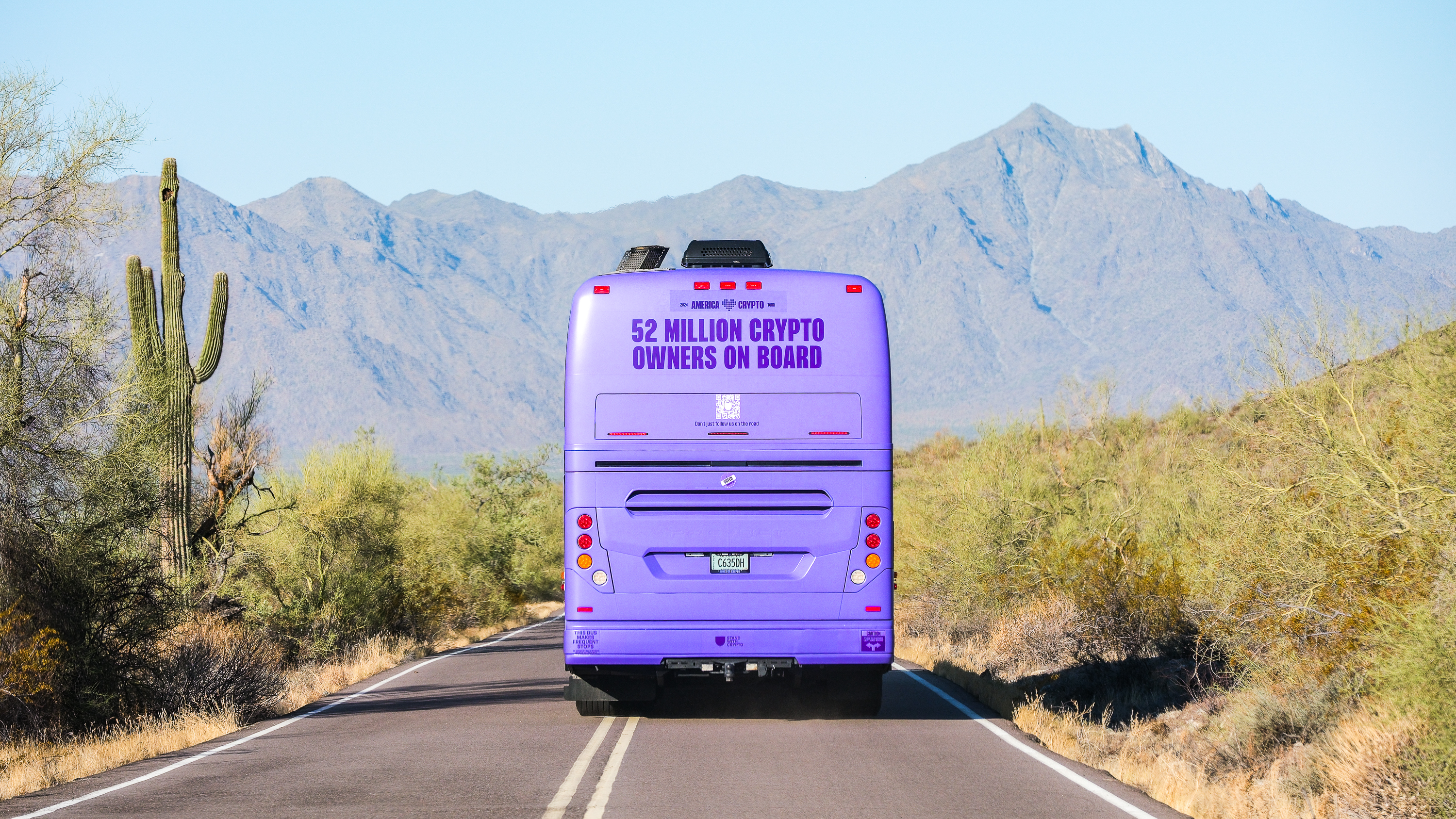 America Loves Crypto bus — Arizona desert cactus