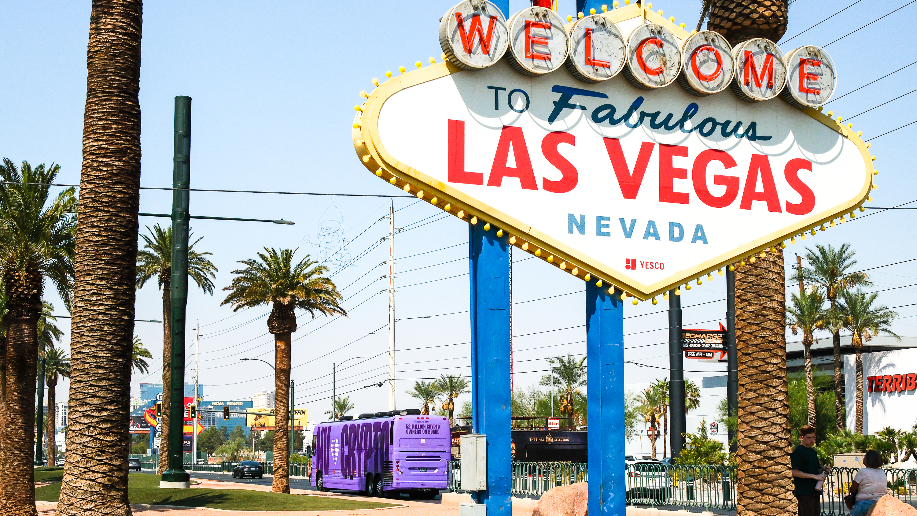 America Loves Crypto bus — Welcome to Las Vegas sign