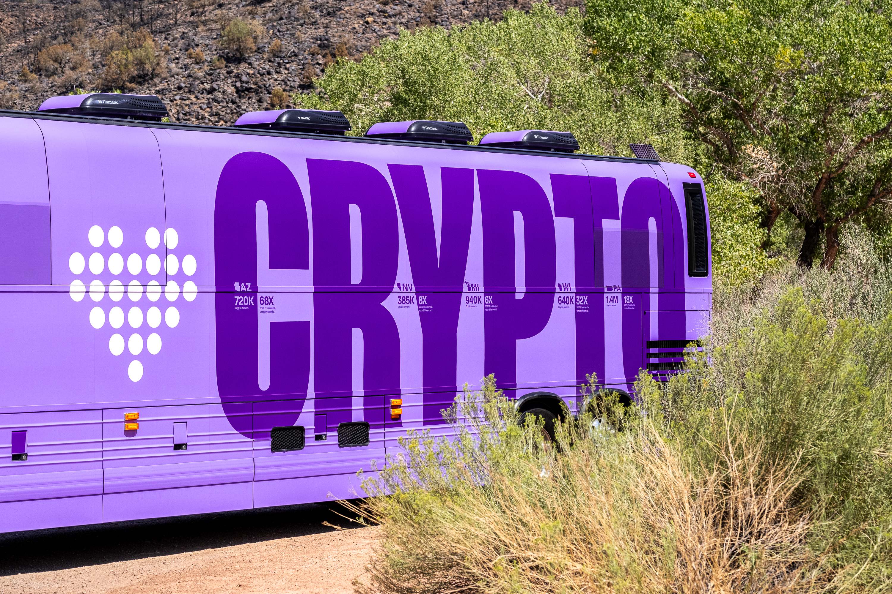 America Loves Crypto bus side view close up