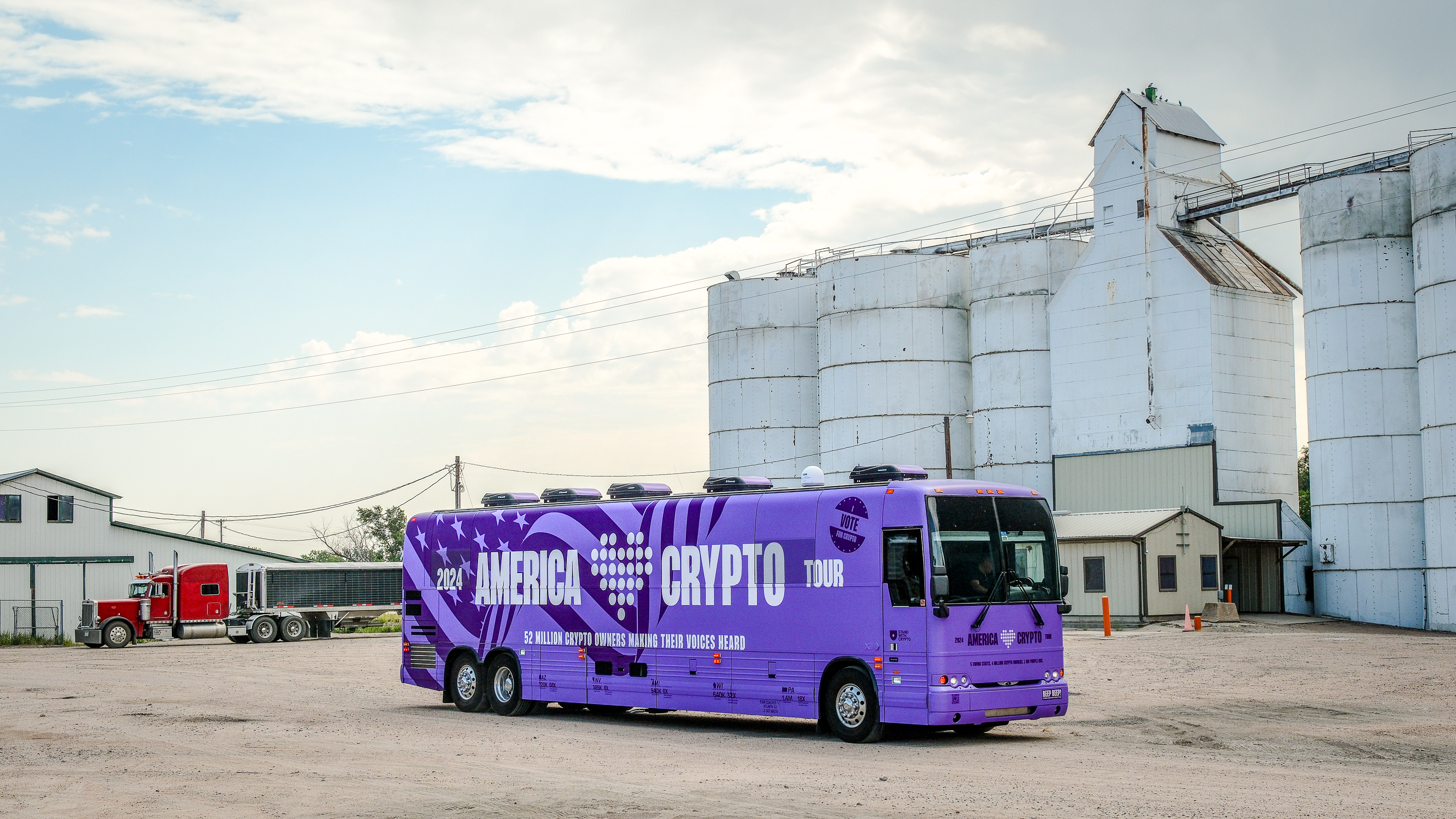 America Loves Crypto bus — Midwest grain silos