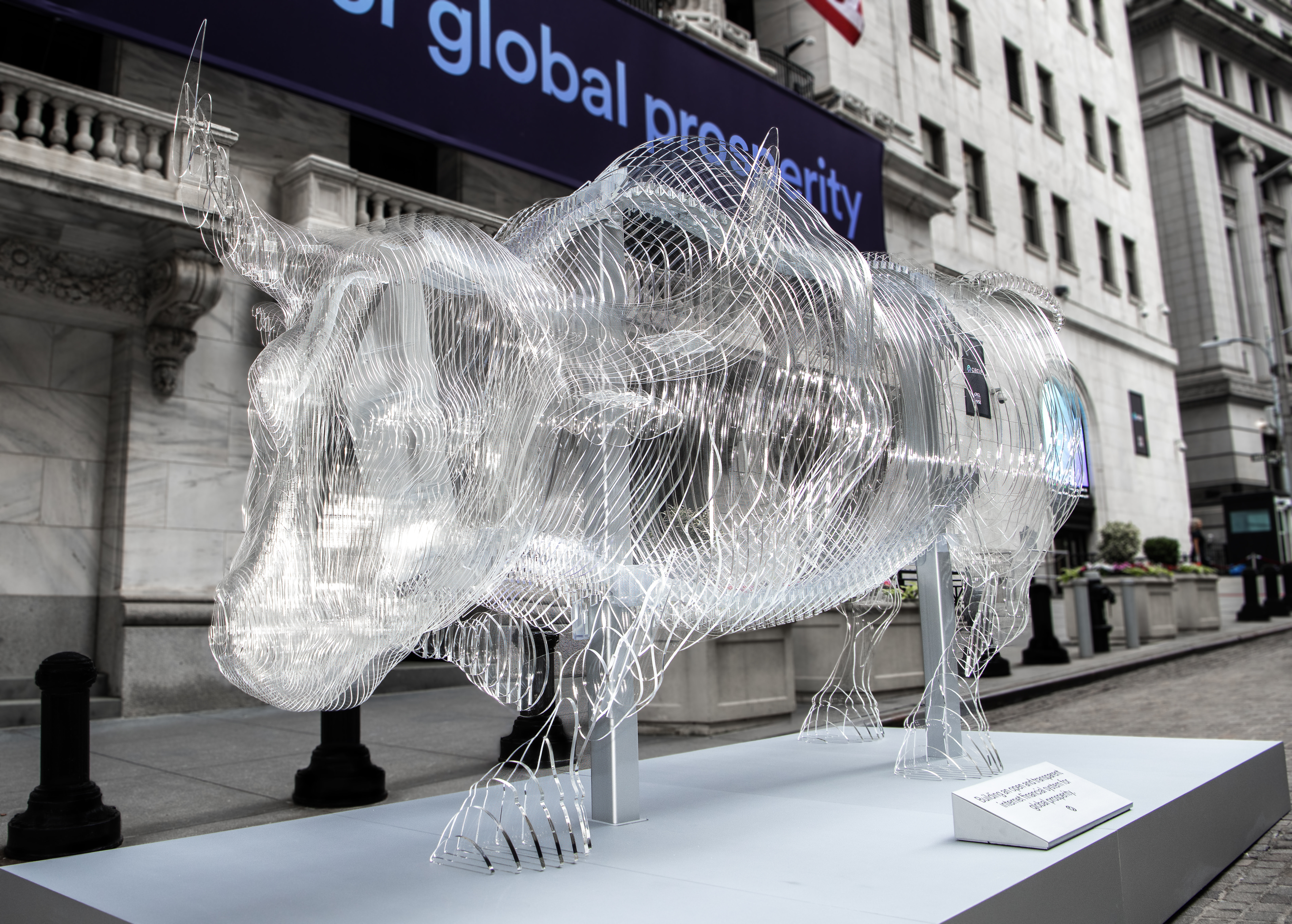 Circle glass bull sculpture close up