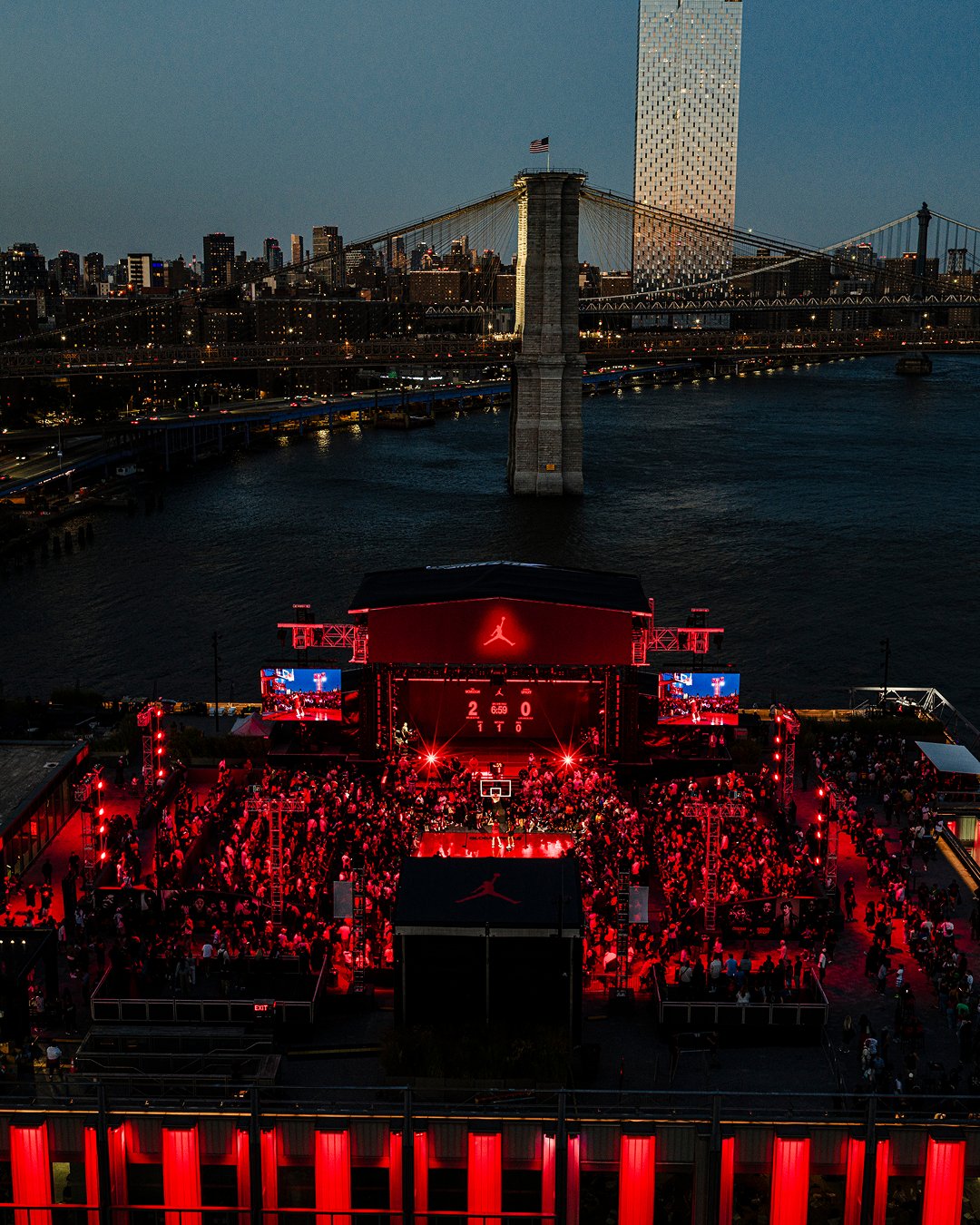 Jordan The One Finals — aerial view NYC waterfront with Brooklyn Bridge