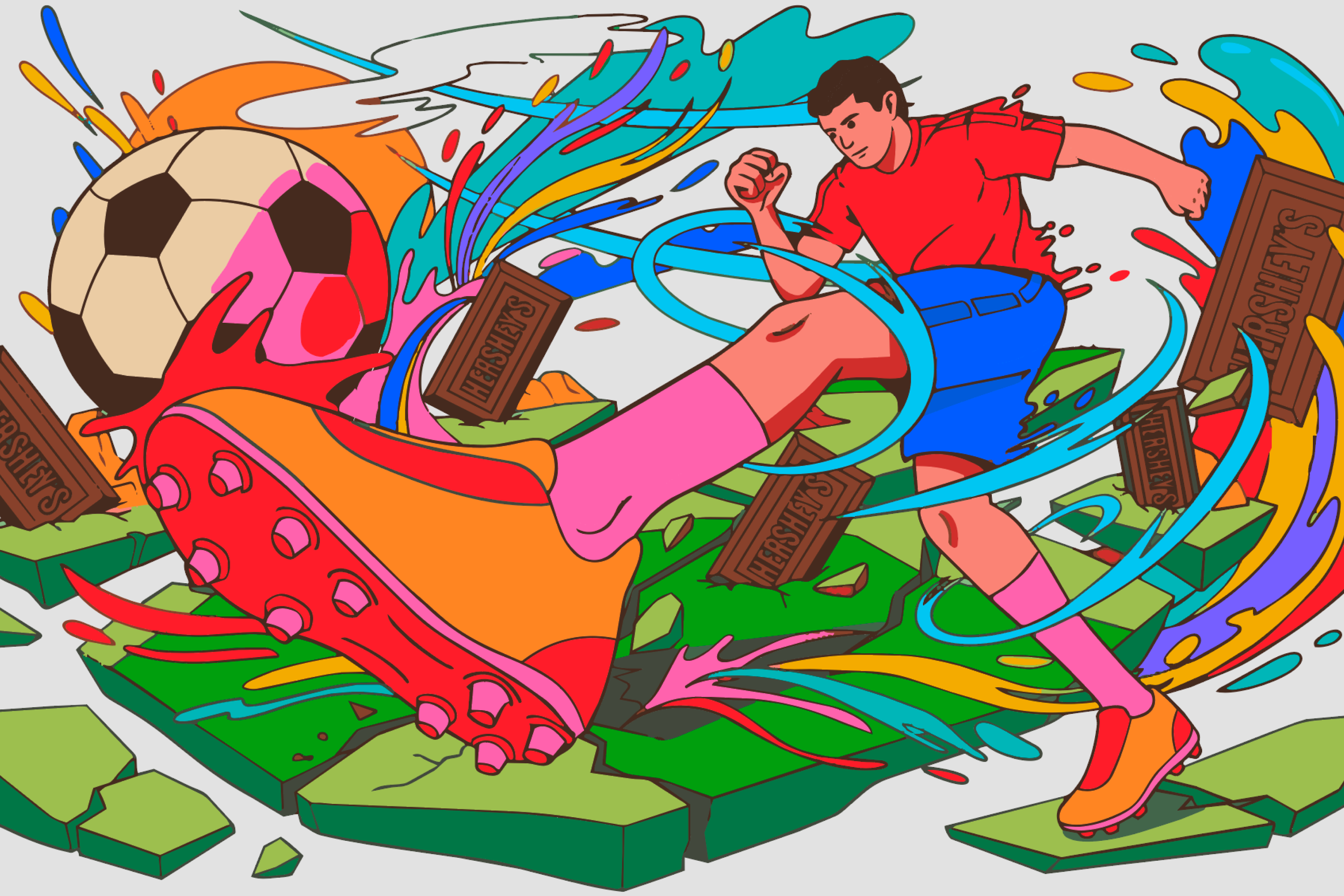Hershey's Soccerland illustrated key art — player kicking chocolate bars